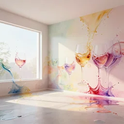 a modern indoor room full of insanel detailed splahing colorfull liquid oilpaint simulation and growing wines on the walls, clean architecture, pastel colored, daylight, peaceful, 8 k, octane render