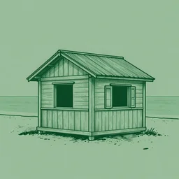 a line drawing illustration of a cabin at the beach. dark green lines and muted green paper. graphic design. vector style. hq. detailed. muted colors.