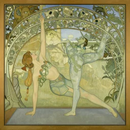 an art nouveau girl doing yoga by norman rockwell and edward hopper