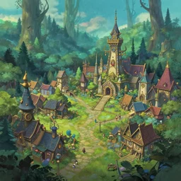 Beautiful detailed high quality illustration of an enchanted magical village, beautiful forest on background::art by Ghibli Studio, League of Legends, Arcane, Wild Rift, trending on artstation