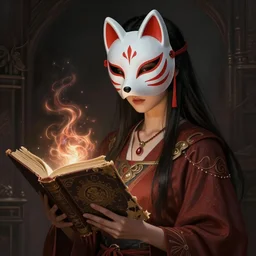 gorgeous!!! hyper - realstic sorceress with a kitsune mask, holding a tattered magical book, casting a spell | drawn by wlop, drawn by jeehyung lee, drawn by artgerm | fantasy, dark, intricate, highly detailed, digital painting, character design, concept art, illustration, artstation