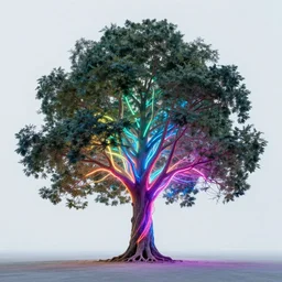 A majestic tree, symmetrical, neon, RGB, glowing wires everywhere, pristine, by Edgar Maxence and Ross Tran, Zdzisław Beksiński, and Michael Whelan, distant, gustav dore, H.R. Giger, 8k, octane render