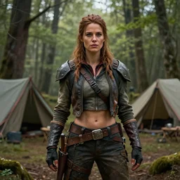 fallout 5, charismatic beautiful rugged female scavenger, portrait, outdoors forest campsite, atmospheric lighting, painted, intricate, volumetric lighting, beautiful, daytime, springtime, slight overcast, sharp focus, deep colours, ultra detailed, by leesha hannigan, ross tran, thierry doizon, kai carpenter, ignacio fernandez rios