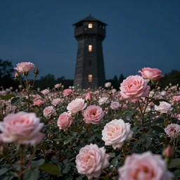 a photo of a field of roses with a dark tower in the center. night landscape. 4 k. national geographic. high detail. soft colors. tender photo