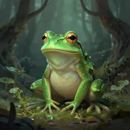 frogfolk alchemist in the lichen woods. muted complementary colors, indie concept art, luminescent, 4 k, chiaroscuro, rimlight.