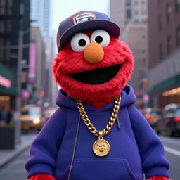 Elmo from sesame street dressed up as a mega stylish rapper, wearing a hoodie and gold chain and backwards hat, in New York City, highly detailed, 4K, moody lighting, 90’s vibe, 3d render, octane redshift, 8k
