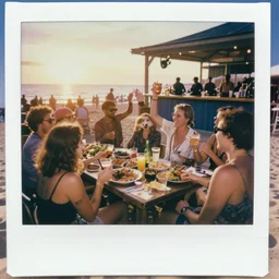 an amazing award winning polaroid photo of animals at a party at the beach, drinking, food, bar, music, resort, praising the sun, golden hour, cinematic, atmospheric, 8k resolution, Hyperrealistic