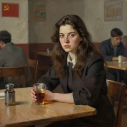 dark oil realistic painting a beautiful brunette sitting at a faraway table looking at us in a communist cafeteria
