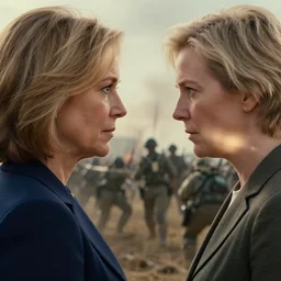 close up cinematic artwork of liz cheney staring down the enemy on the battleield by greg rutkowski, 4 k, masterpiece