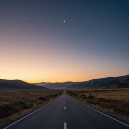 open country Road, mountains, sunset, stars, small planet in the sky, realistic, cinematic, 8k
