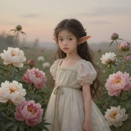 cute elven girl wearing the peonies blooming garden as a dress, early morning sky, highly detailed, digital painting, by wlop, james jean, victo ngai! muted colors, highly detailed, fantasy art by craig mullins, thomas kinkade