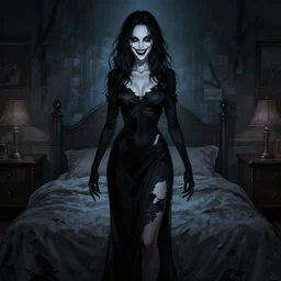 in the style of steve niles, gorgeous alyson hannigan, evil dead movie, full body shot, torn black dress, evil smile, spooky, illustration, symmetrical face realistic symmetrical eyes, bedroom setting, charlie bowater, artgerm, cinematic lighting, evil dead, undead demon, hyperdetailed