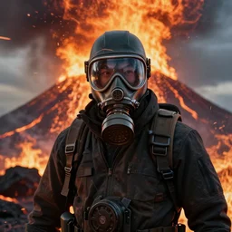 a gas masked riot looking to camera in a volcano and it's fire raining, digital art, photo-realistic, 4k