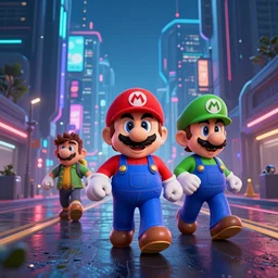 concept art of cyberpunk mario and luigi moving towards the camera on wet cyberpunk city streets at night cyberart in the style of liam wong in the film akira rendered in octane, 3 d render, trending on cgsociety, blender 3 d, displacement mapped, 8 k