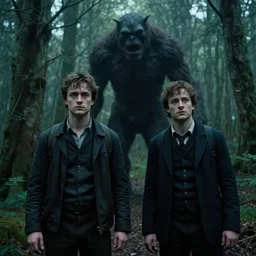 daniel radcliffe and elijah wood followed by a monster in the dark in a forest in a horror movie set in the 1 8 0 0's, high quality screengrab 4 k cinematic