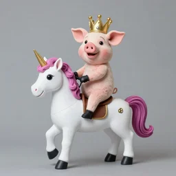 studio photograph of a pig wearing a gold crown riding a magical unicorn depicted as muppets