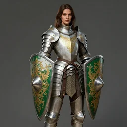 full body portrait of a rugged olive - skinned female warrior medium length brown hair and a very highly detailed face wearing elegant white, green and gold plate mail armor intricately painted, holding a tower shield, very highly detailed, artstation, cgsociety, realistic character concept art, sharp focus, by greg rutkowski, and alphonse mucha