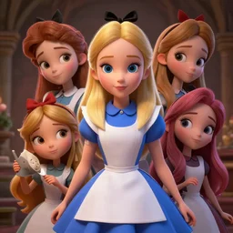 a insanely intricate beautifull 3 d render of alice in wonderland, beauty faces, cute characters, unreal engine, 8 k resolution, cell shaded rendering, soft dramatic lighting, cinematic, insane details, subsurface scattering, anti aliashing, pixar,