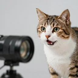 cat seeing another cat, surprised, 4k, photorealistic, 40nm lens