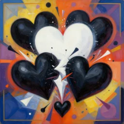 a collision of exploding black hearts and white hearts in surreal abstract form, vivid vibrant geometric art nouveau. trending on pixiv and artstation. an absurdly detailed oil painting