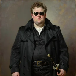 portrait of an overweight handsome man in a black outfit, sword katana trenchcoat sunglasses, a flemish baroque by alexander mcqueen, art by john collier by greg rutkowski and craig mullins, oil on canvas
