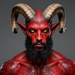 dnd portrait of a travis scott as tiefling, male, red scales and red skin, a big black beard, completely golden eyes, 2 ram horns growing out of his forehead,