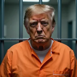 closeup portrait of of angry donald trump wearing orange prison pajamas locked up in an prison jail cell, cinematic masterpiece, octane, dramatic lighting, very detailed