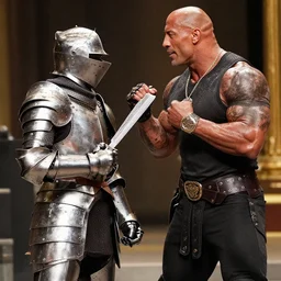 Kevin hart fighting Dwayne the Rock Johnson in knight armor