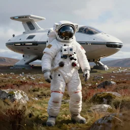 Detailed digital painting of an astronaut tourist from the future standing in the Isle of Harris Scotland, a futuristic spaceship in the background, very wide angle lens