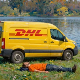DHL yellow DHL van and the lake, man in orange shirt lying on the grass nearby, painting by Monet