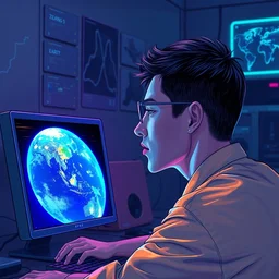 the portrait of a man staring at a glowing meaningful mulicolored monitor showing the earth on a desk in a futuristic computerworkroom, young idol, an ultrafine hyperdetailed illustration by kim jung gi, irakli nadar, fluorescent colors