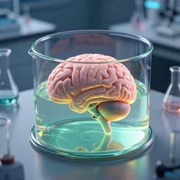 off angle view of an alien brain in a large glass container filled with liquid, sitting on the table of a science laboratory, octane, trending on artstation, volumetric lighting — w 6 4 0