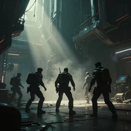 paint a sci - fi action scene as sd ai would paint it, epic scene, extremely moody lighting, glowing light and shadow, atmospheric