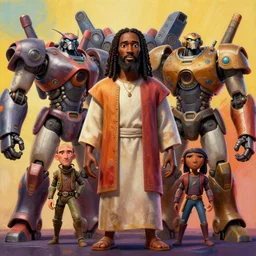 stylish caricature 3 d vfx drew struzan movie poster art of an african jesus surrounded by giant mecha, art style by james jean & hsiao - ron cheng, unreal engine render, digital illustration, sharp, intricate detail, volumetric lighting, ray tracing, soft light, colourful, claymation style, ernie barnes style, symmetry, acrylic on canvas, pinterest, artstation,