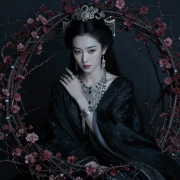 photography of the asian queen sitting in the flower thorn, beautiful face, masterpiece costume, jewellery, high quality, elegant, emotionally touching, cool, deep gaze, mystery, tenderness steve mccurry style