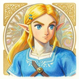 zelda portrait, Crayon, textured art by Stanley Artgerm Lau , greg rutkowski, thomas kindkade, alphonse mucha, loish, norman rockwell