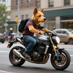 a photo of anthropomorph dog man riding a motorbike in New York ultra detailed, 8k, by Tomasz Alen Kopera and Tony Sart