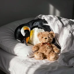 penguin sleeping in bed with a teddy bear