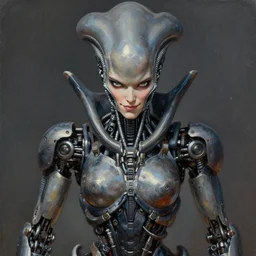 perfectly centered portrait, front view of a biomechanical alien robot samurai, female, intense stare, sarcastic smile, symmetrical, concept art, intricate detail, volumetric shadows and lighting, realistic oil painting by tim hildebrandt and greg rutkowski,