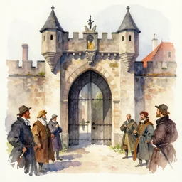 small centered on watercolor paper, paint brush strokes, abstract watercolor painting of medieval city entrance, giant iron door, cinematic light, national romanticism by hans dahl, by jesper ejsing, by anders zorn, by greg rutkowski, by greg manchess, by tyler edlin