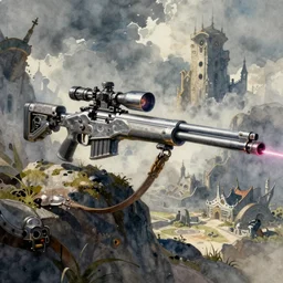 concept art of a sniper rifle in futuristic, fantasy, steampunk, pinterest, artstation trending, behance, watercolor, by coby whitmore, silver, laser light,