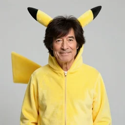 a portrait photograph of Bob Ross Wearing a pikachu-suit