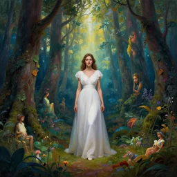 a woman dressed in a white dress in a magical forest, painted by, mc escher, gordon onslow ford, georgia o'keeffe and ivan aivazovsky, cinematic light, god rays, colourful, unreal engine, zbrush central,