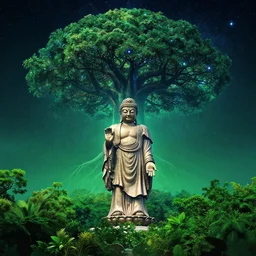 big budha statue standing in the middle of a matte landscape with a world tree with branches in the stars and roots in the underworld, vast, epic, starry, lush, greenery, cinematic color scheme, by artstation artists and andrei tarkovsky, 4 k wallpaper, glossy paper quality