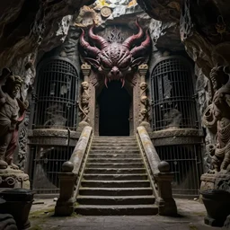 stairway leading to hell. underground gates of the underworld. super detail. 8 k