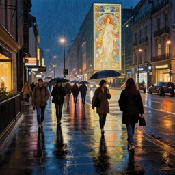 a beautiful city at night, wet sidewalk, people, reflections, raindrops, art by craig mullins, greg rutkowski, alphonse mucha, trending on artstation, extremely detailed, masterpiece