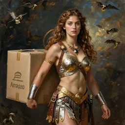 A Greek amazon warrior delivering Amazon packages, Renaissance oil