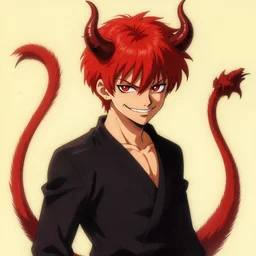 a boy with red hair, red eyes, demon horns and a tail with a devious grin. By JC Leyendecker Phuoc Quan. Makoto shinkai