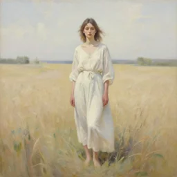 a vogue model in a field, oil painting, pale colors, high detail, 8 k, wide angle, trending on artstation,