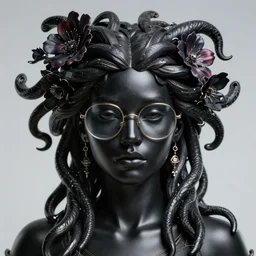 portrait of black Medusa with glasses, cyberpunk, futuristic flowers, hi-tech details, ominous, intricate, studio, art by anthony macbain + greg rutkowski + alphonse mucha, concept art, 4k, sharp focus, cinematic unreal engine